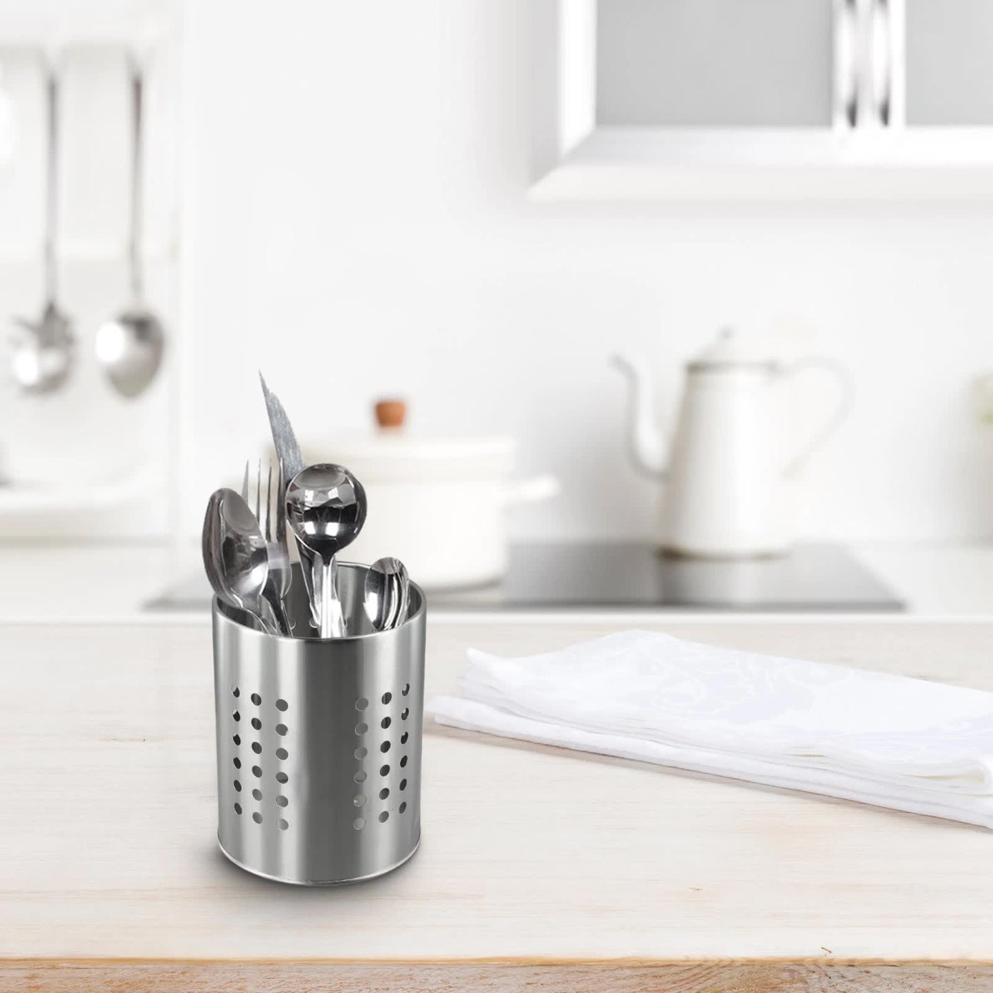 Stainless Steel Kitchen Utensil Holder Round - Spatula Holder for Countertop - 10 x 16.5 cm - Stainless Steel - Silver - Image 4