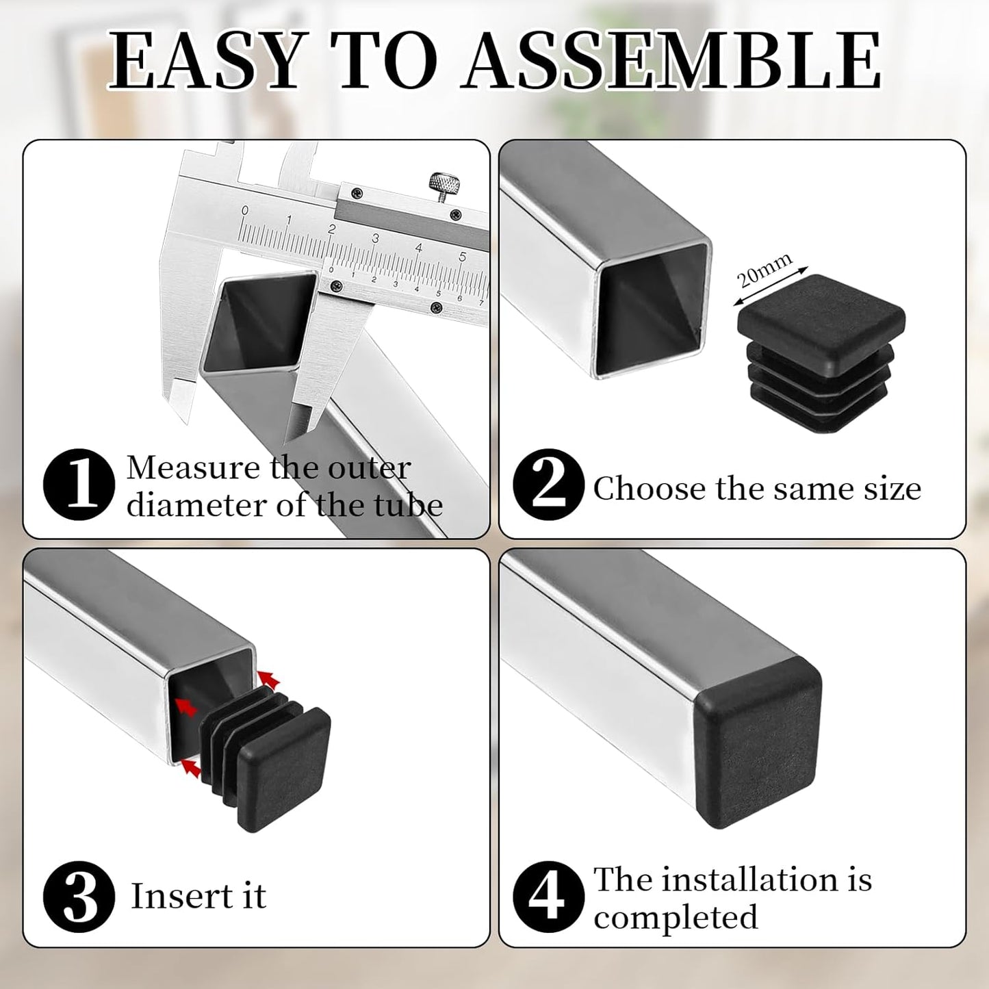 Square Tube Caps 20x20 mm - Set of 30 - Black - Insert Caps for Furniture & Chairs - Image 5