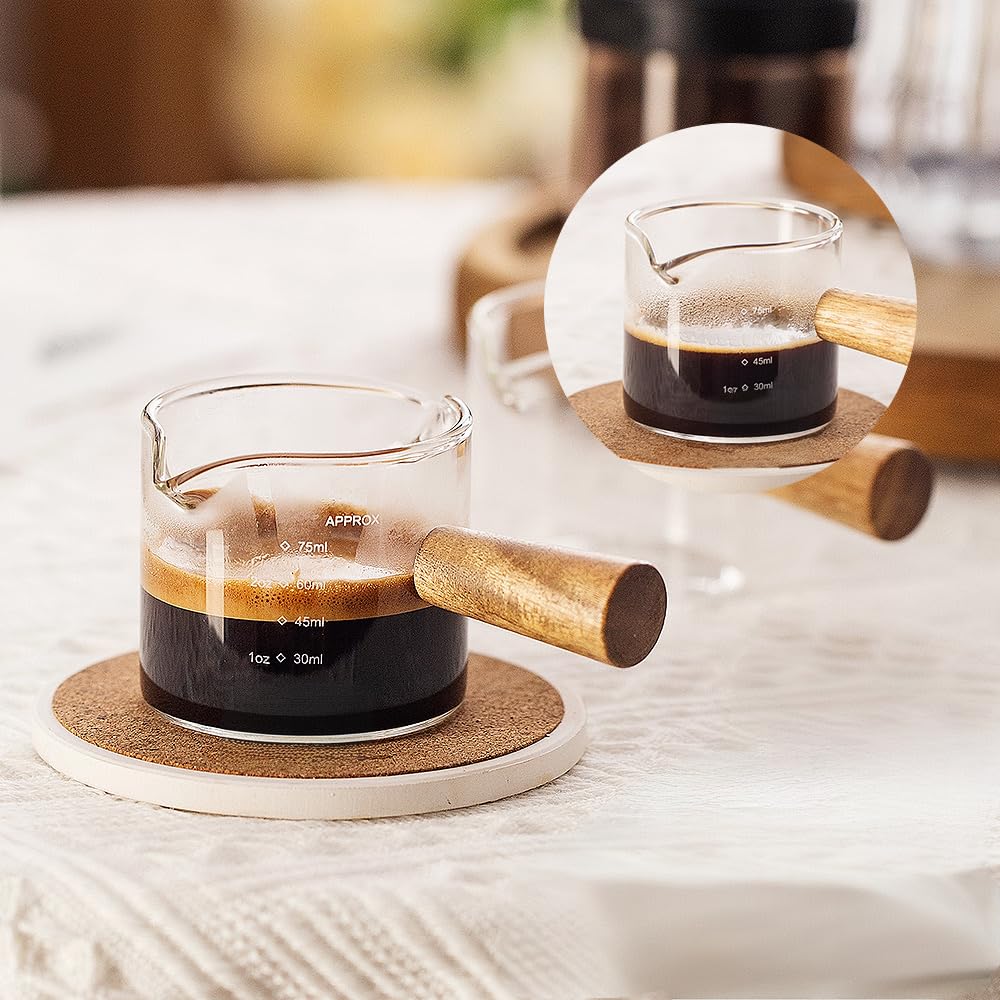 Espresso Measuring Cup - Shot Glass - Milk Jug - Coffee Accessories - Barista Tools - Measuring Cup Glass - Espresso Glasses - Sauce Jug - Measuring Glass - Mini Measuring Cup - Double Spout - Heat Resistant - Wooden Handle - Transparent - 2 Pieces - Image 8