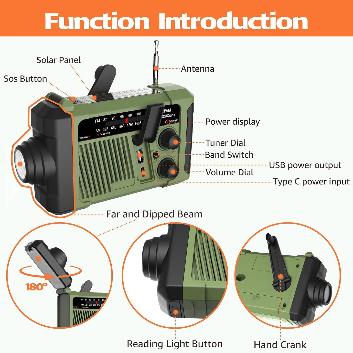 Wind-up Radio - Solar Radio - World Receiver - Portable Radio - Flashlight with Dynamo - Powerbank Function - Camping Radio - Outdoor Gadgets - Rechargeable Flashlight - USB Charger - FM AM Receiver - Hiking - Green - 1 Piece - Image 8