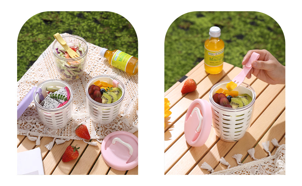 Fruit bowl to go - Lunch cup with fork - Yogurt cup - Salad cup - Storage container with colander - Snack box - School cup - Fruit pot - Take-away cup - On the road - Picnic - Kitchen accessories - Yellow - 1 piece - Image 8