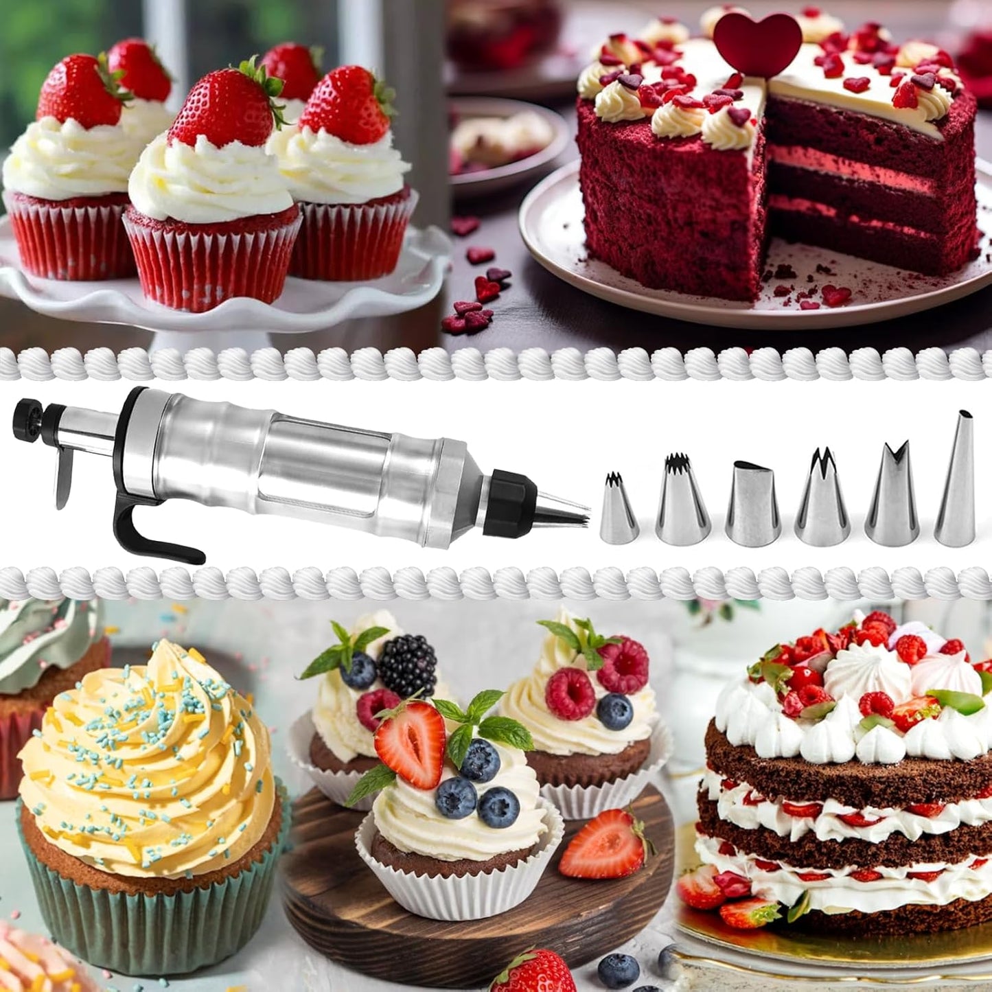 Whipped Cream Maker - Garnishing Syringe - Nozzle Set - Cake Decorating - Stainless Steel Nozzles - Cookie Press - Cupcake Decorating - Baking Tools - Professional Piping Bag Alternative - Kitchen Utensils - Baking Supplies - Silver - 1 Piece - Image 6