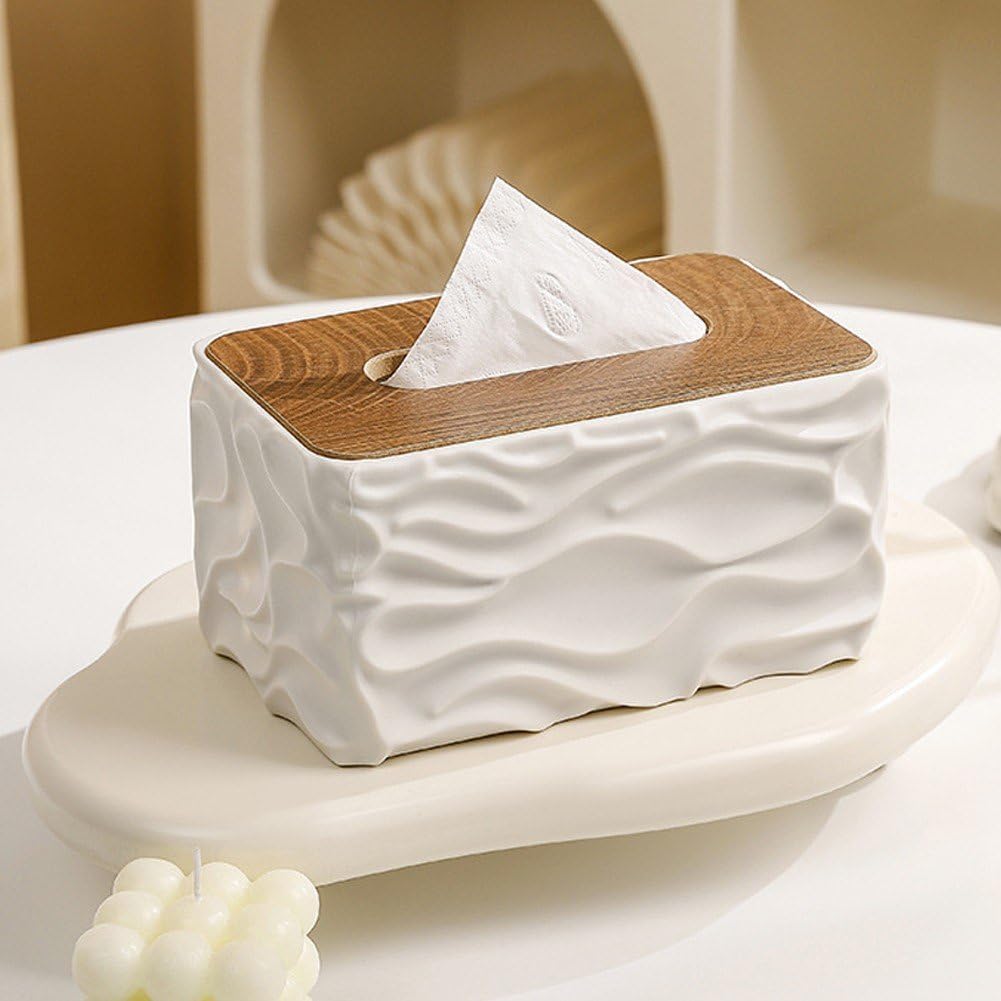 Tissue Box - Tissue Box - Handkerchief Box - Tissue Holder - Napkin Holder - Baby Wipes Box - Tissue Dispenser - Storage Box - Bathroom Accessories - Desk Organizer - Living Room Decoration - Bedroom Interior - Modern Design - White with Wood - 1 Piece - Image 7