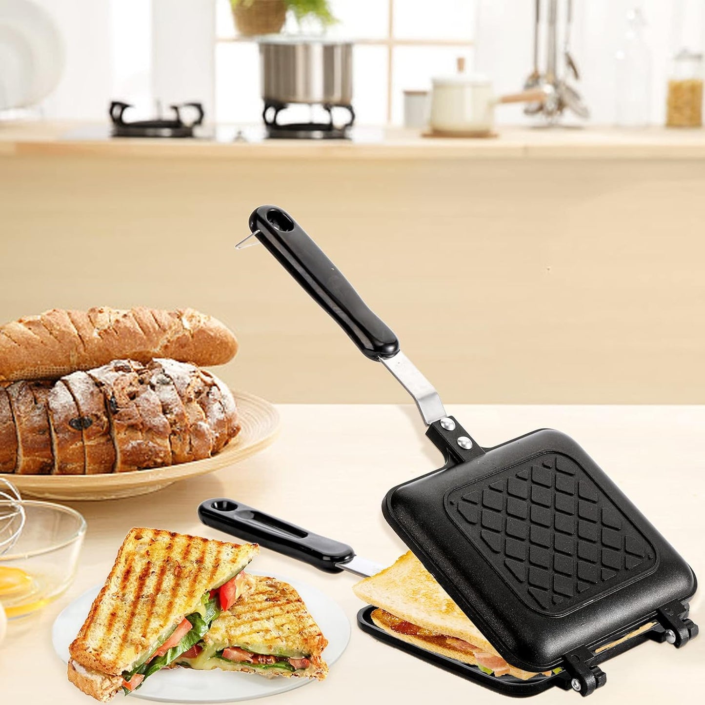 Sandwich Iron - Sandwich Maker - Grill Pan - Camping Sandwich Iron - Panini Grill - Frying Pan - Gas Stove Pan - Double-Sided Pan - Non-Stick Coating - Sandwich Clamp - Manual Toaster - Toaster - Breakfast Making - Kitchen - Black - 1 Piece - Image 7