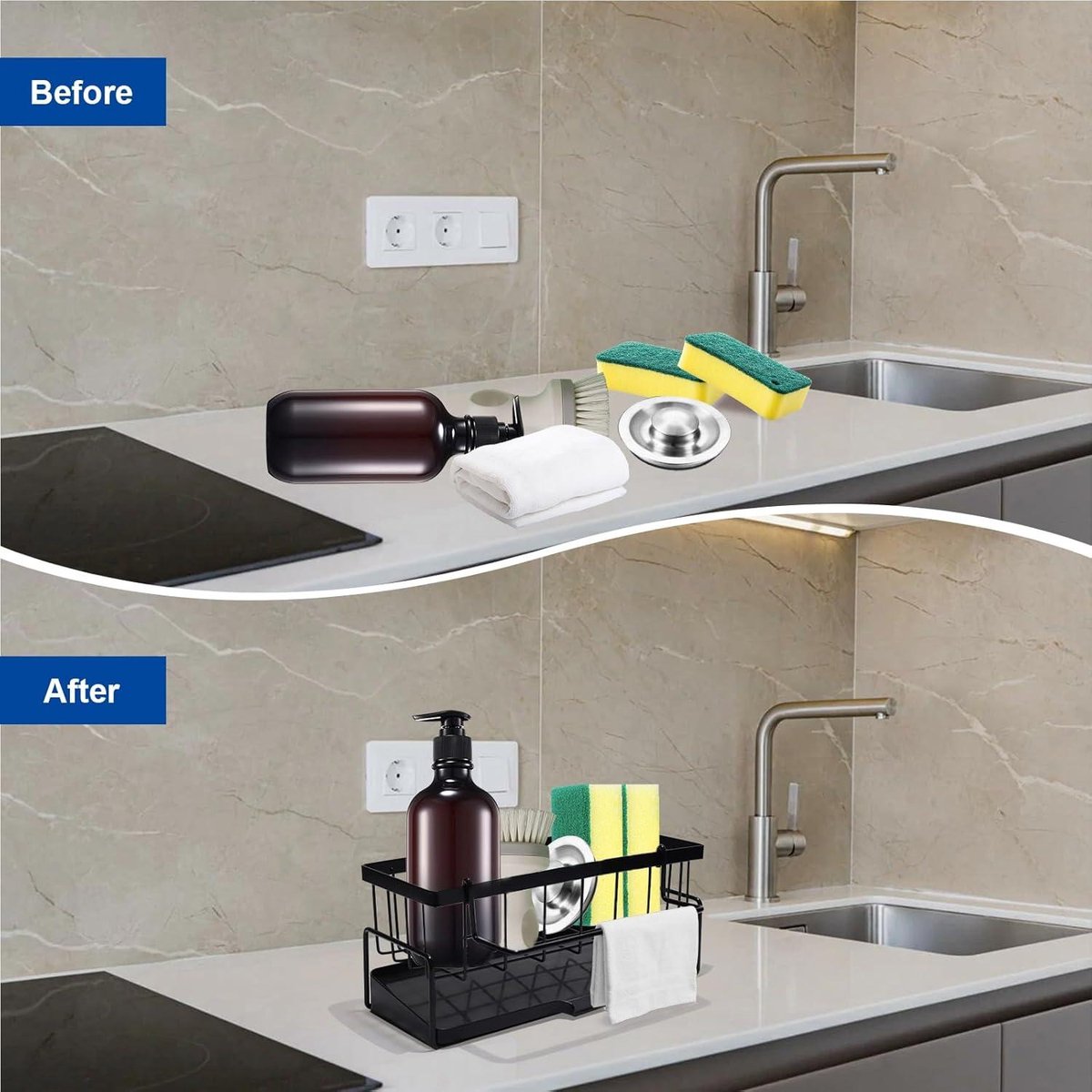 Allecta - Sponge holder and organizer for sink - Draining rack and soap dish with brush holder - Kitchen storage accessories - Grey. - Image 6