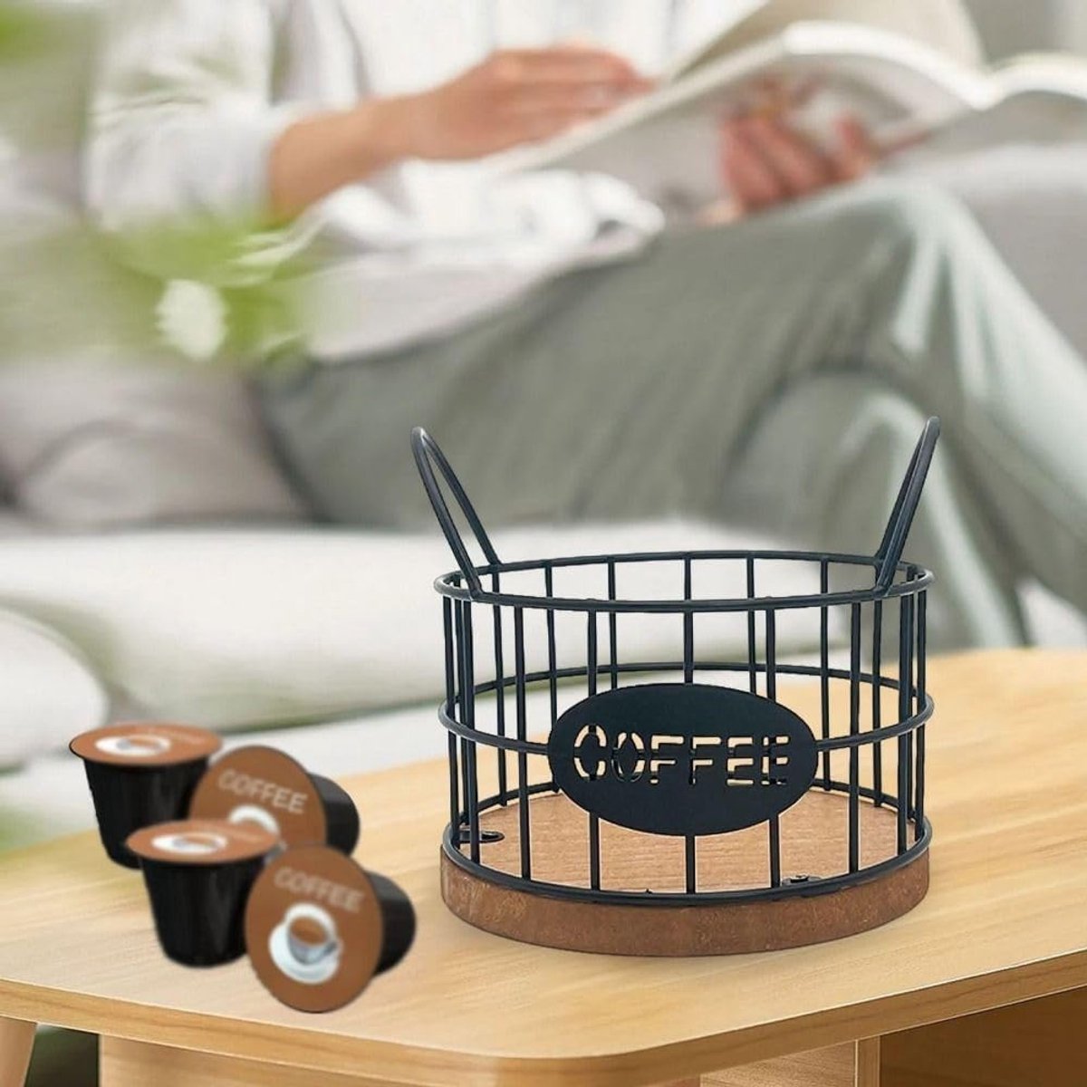 Storage basket - Storage rack - Coffee capsule storage rack - Fruit basket - Home storage accessories - Wooden base - Suitable for home, coffee bars, and offices - Black - 13*13*12 cm - Image 8