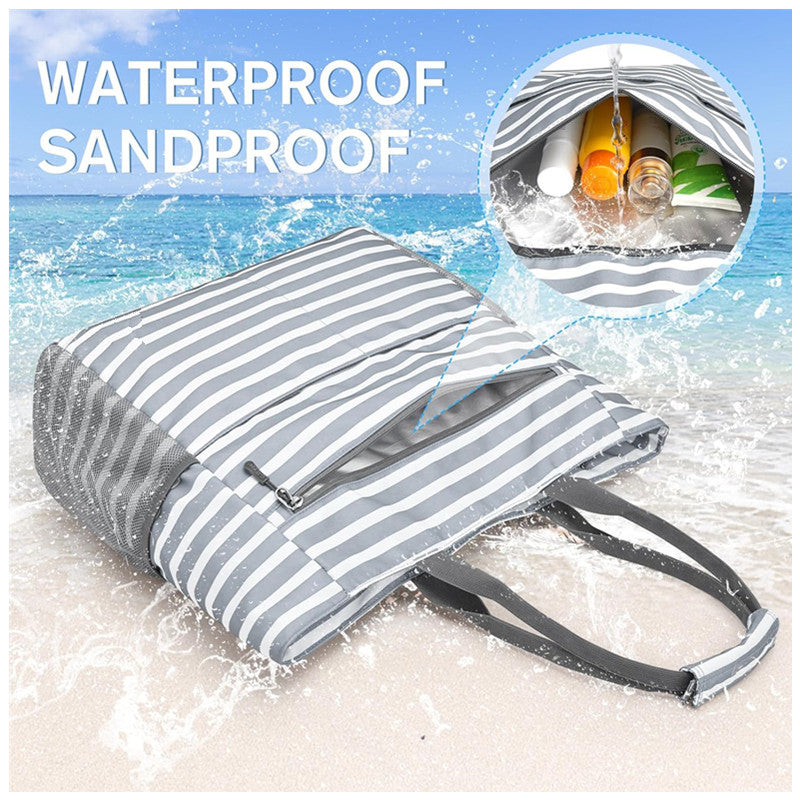 Gray Striped Beach Bag - Spacious Lightweight Tote for Travel, Pool & Vacation
English Description: - Image 5