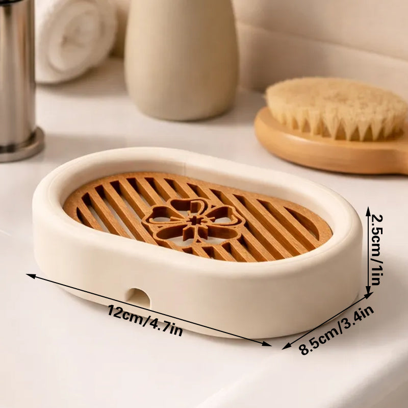 3D-printed oval soap dish with drain rack, white and wood-look. - Image 4