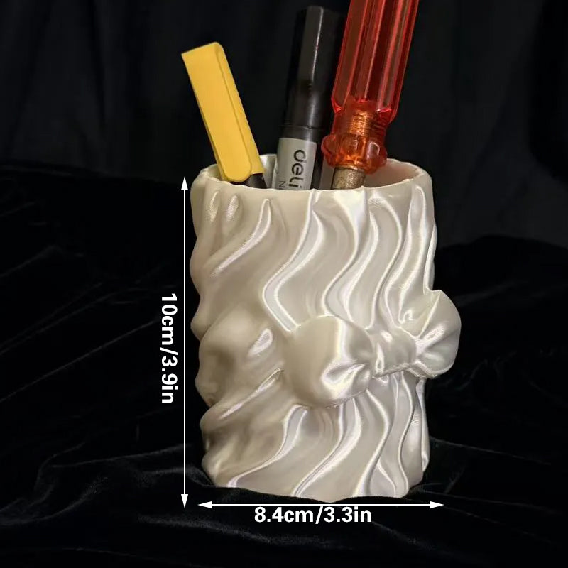 Sweet Bow Silk Pen Holder, White Silk - Image 3
