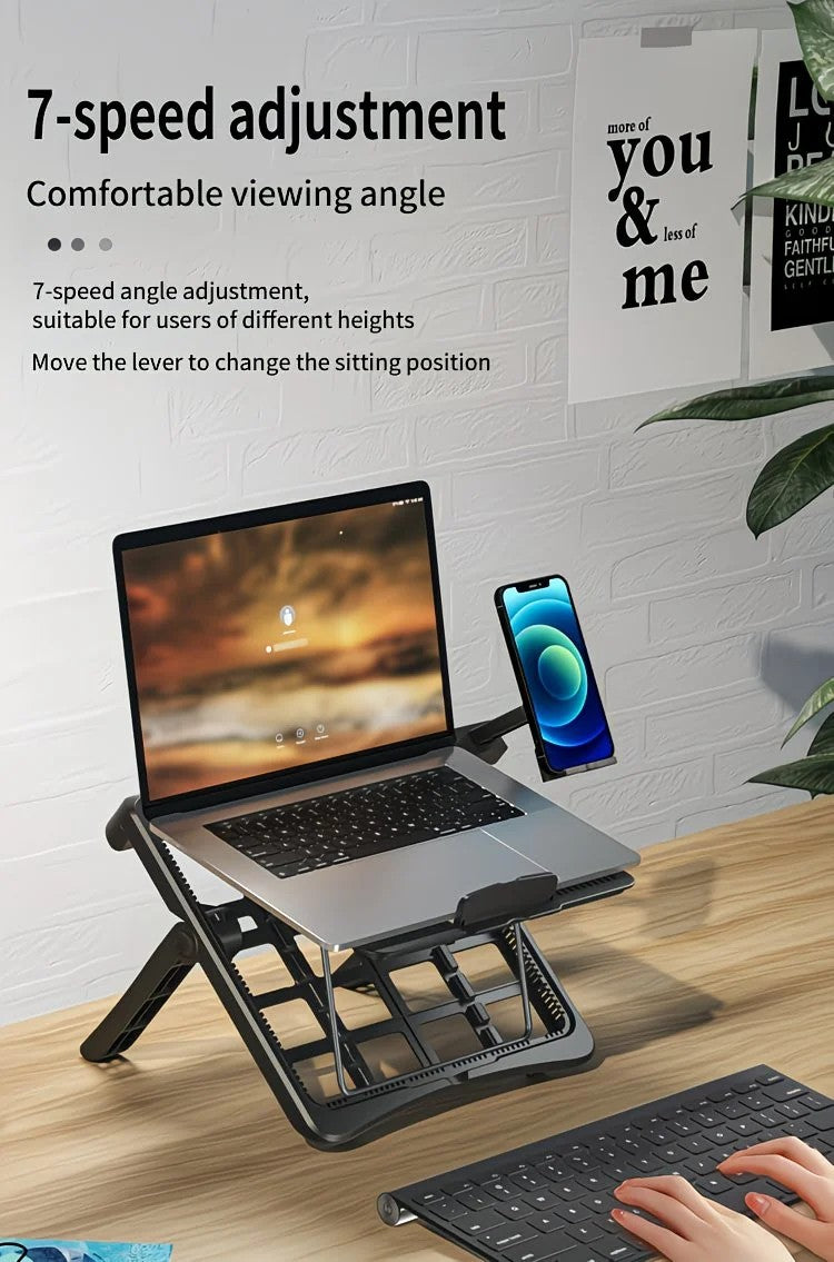 Adjustable laptop stand, designed for 17.3-inch laptops, a portable stand that allows for height adjustment on the desk, and comes with a dedicated phone holder. - Image 9