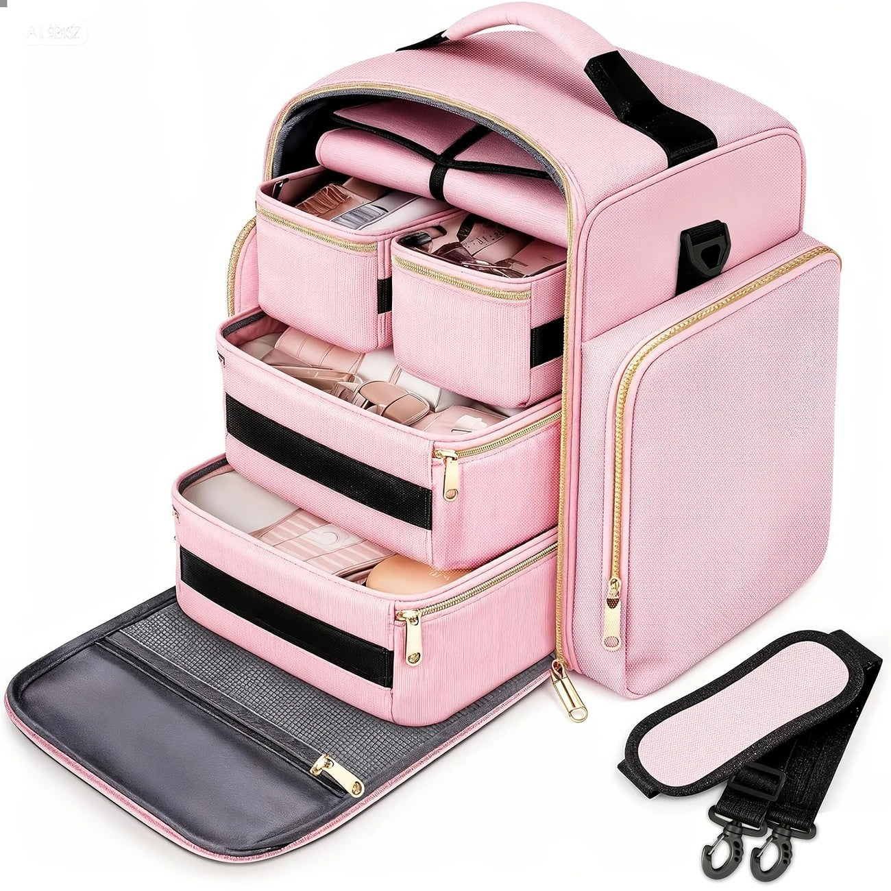 1pc Complete Travel Makeup Bag Set, Pink, Large Capacity Cosmetic Organizer with Detachable Pouch, Jewelry Storage Case - Image 8
