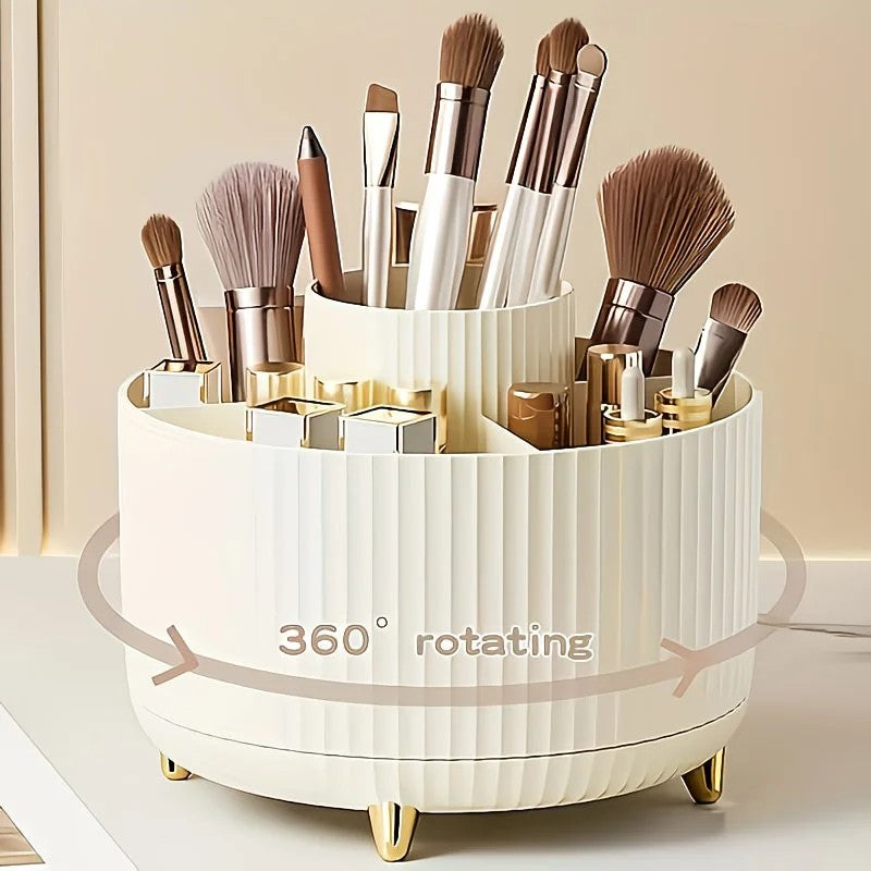 360-Degree Rotating Cosmetic Organizer – 1 Plastic Makeup Storage Box with 5 Compartments – Multi-Purpose Holder for Brushes, Lipsticks, Skincare Products, and Stationery – Durable Odor-Free Desktop Storage Container with Luxurious Stripe Design.WHITE - Image 9
