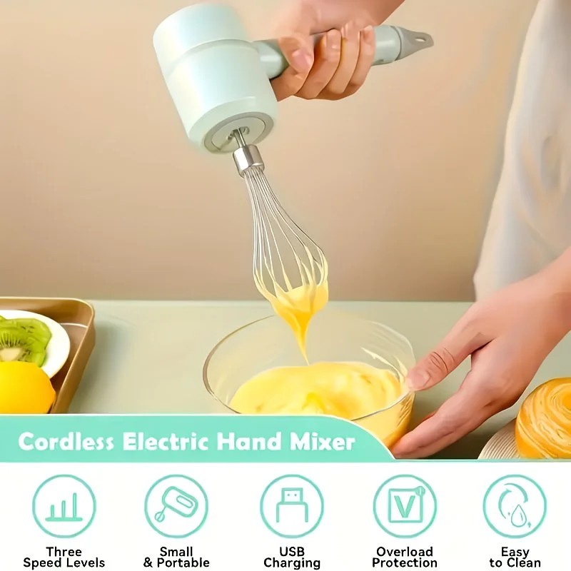 Green Wireless charging handheld mixer, 30W with three-speed settings. Dual whisk heads designed for whipping eggs, cream, and batter. Suitable for both kitchen and outdoor use, also an ideal gift. - Image 9