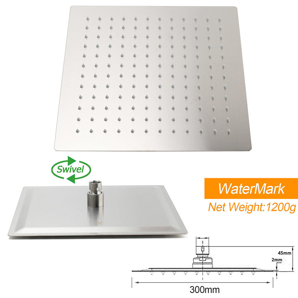 Brushed Nickel Square 12" Rain Shower Head 300mm Brass Ceiling Dropper Arm Set - Image 4