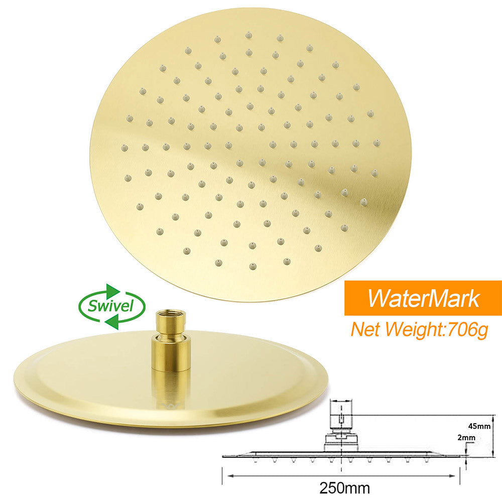 Brushed Gold Round 10 Inch Rain Shower Head Swivel Brass Gooseneck Wall Arm Set - Image 4