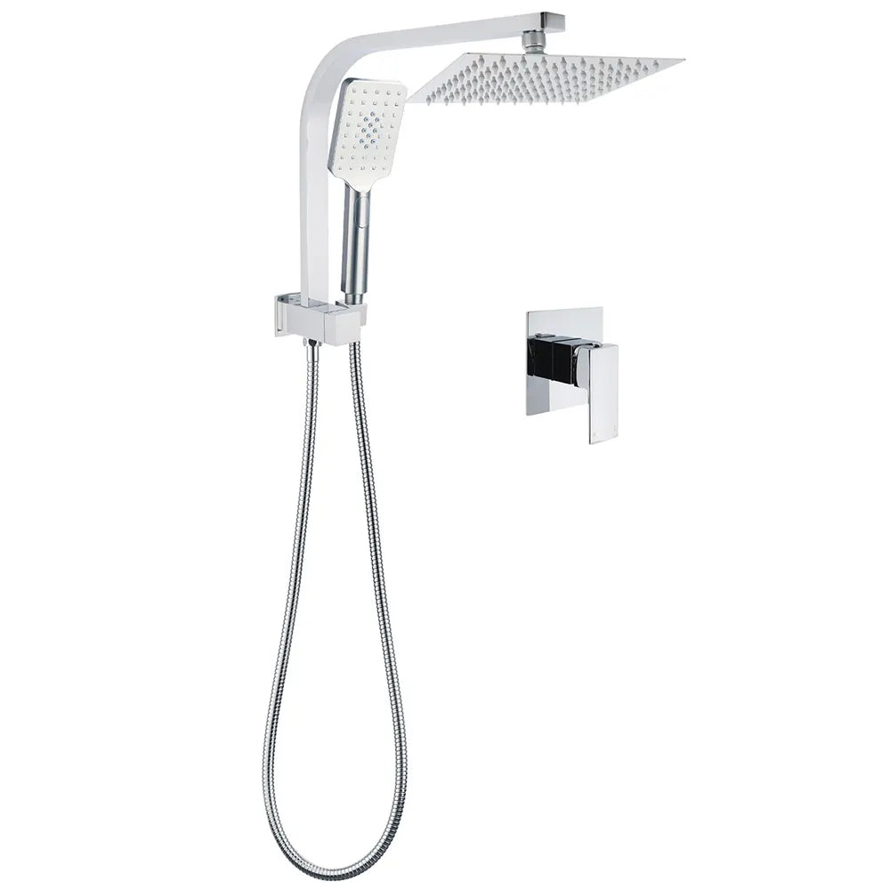 WELS Chrome Square Dual Rain Shower 8" Head 3 Mode Handheld Diverter Wall Arm Mixer Set
