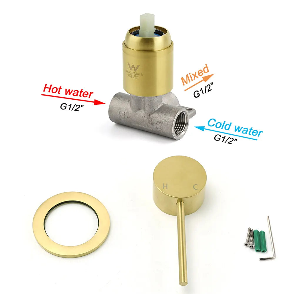 Brushed Gold Round Wall Mounted Shower Mixer Hot Cold Bath Tap Valve Cartridge - Image 4