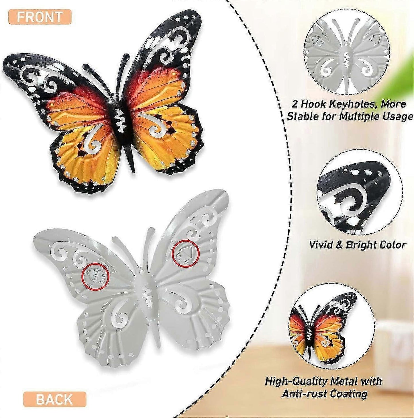 10.6\" Metal Butterfly Wall Decor, Butterflies Indoor Outdoor Hanging Wall Art for Patio Garden Yard Fence Home Living Room - Image 4