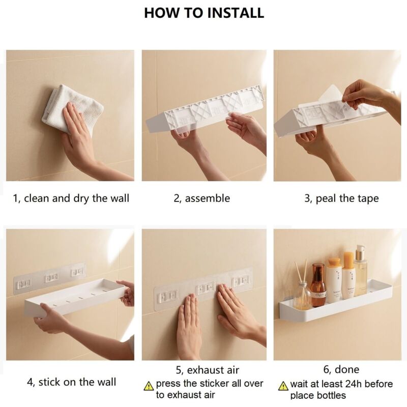 Set of 2 shower shelves, shower shelf without drilling, wall shelf with 6 removable hooks, for bathroom, kitchen, white - Image 5