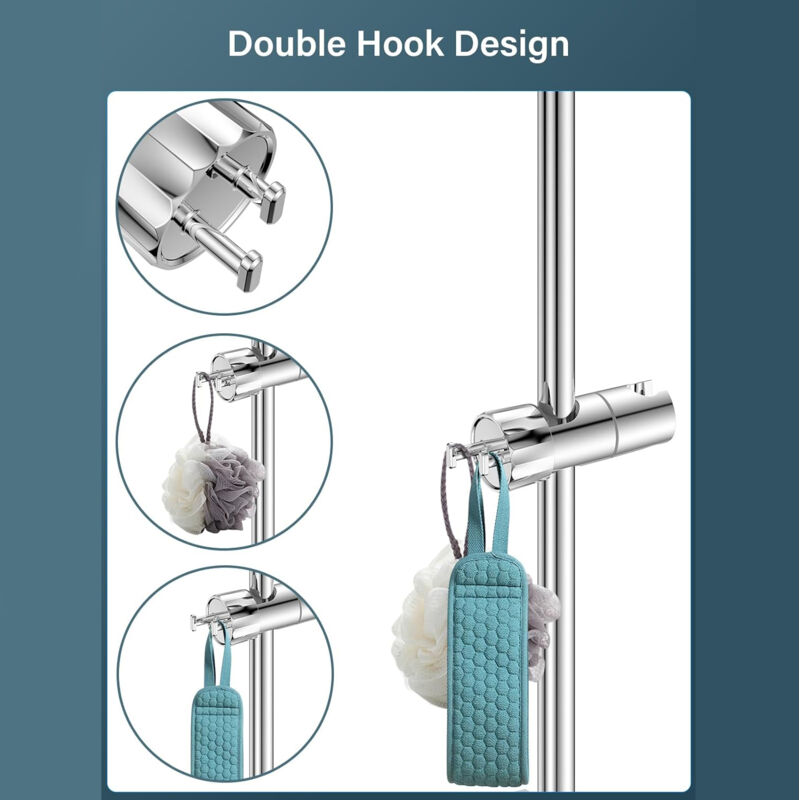 Adjustable Shower Head with 2 Hooks for 16-27mm Shower Rod, Wall Mounted Chrome Hand Shower Holder - Image 4