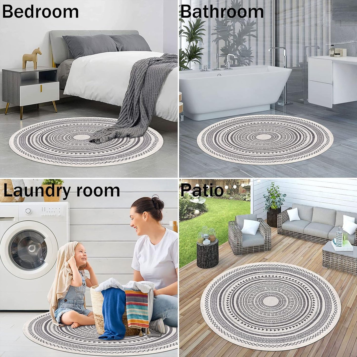 Grey Round Woven Cotton Rug with Fringes 120cm Washable Absorbent Rug Moroccan Style Print 120*120CM—yux 120*120CM - Image 5
