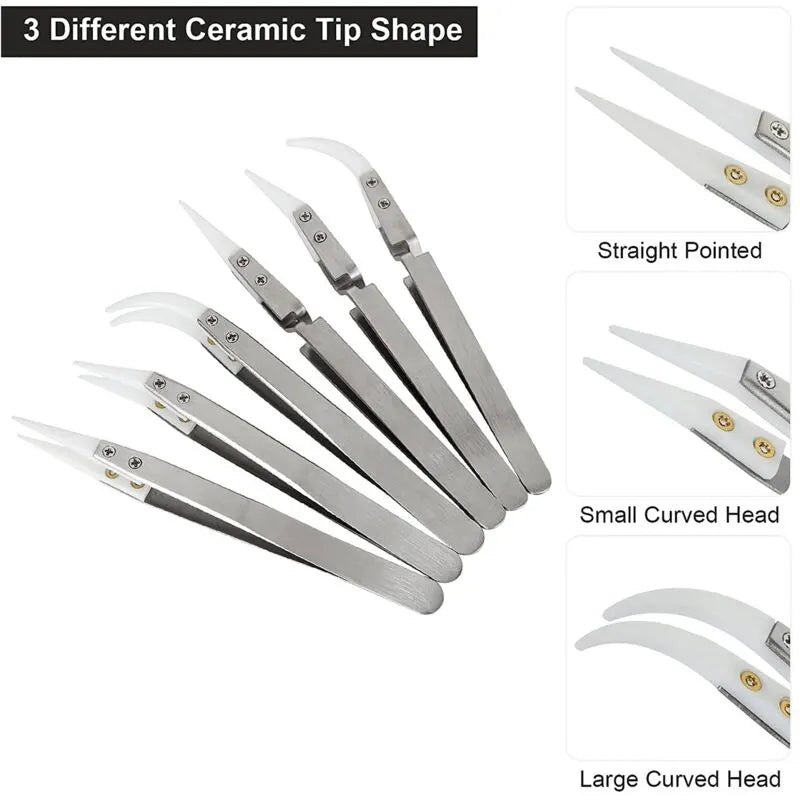 6pcs Precision Ceramic Inverted Soldering Tweezers Non-conductive Antimagnetic Pointed Curved Tips - Image 2