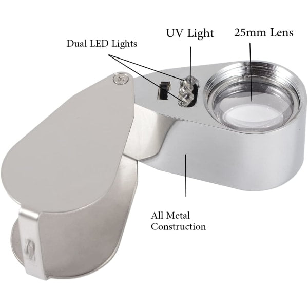 Jewelers Loupe 40X Magnification Metal Foldable Loupe with LED & UV Light - Image 3