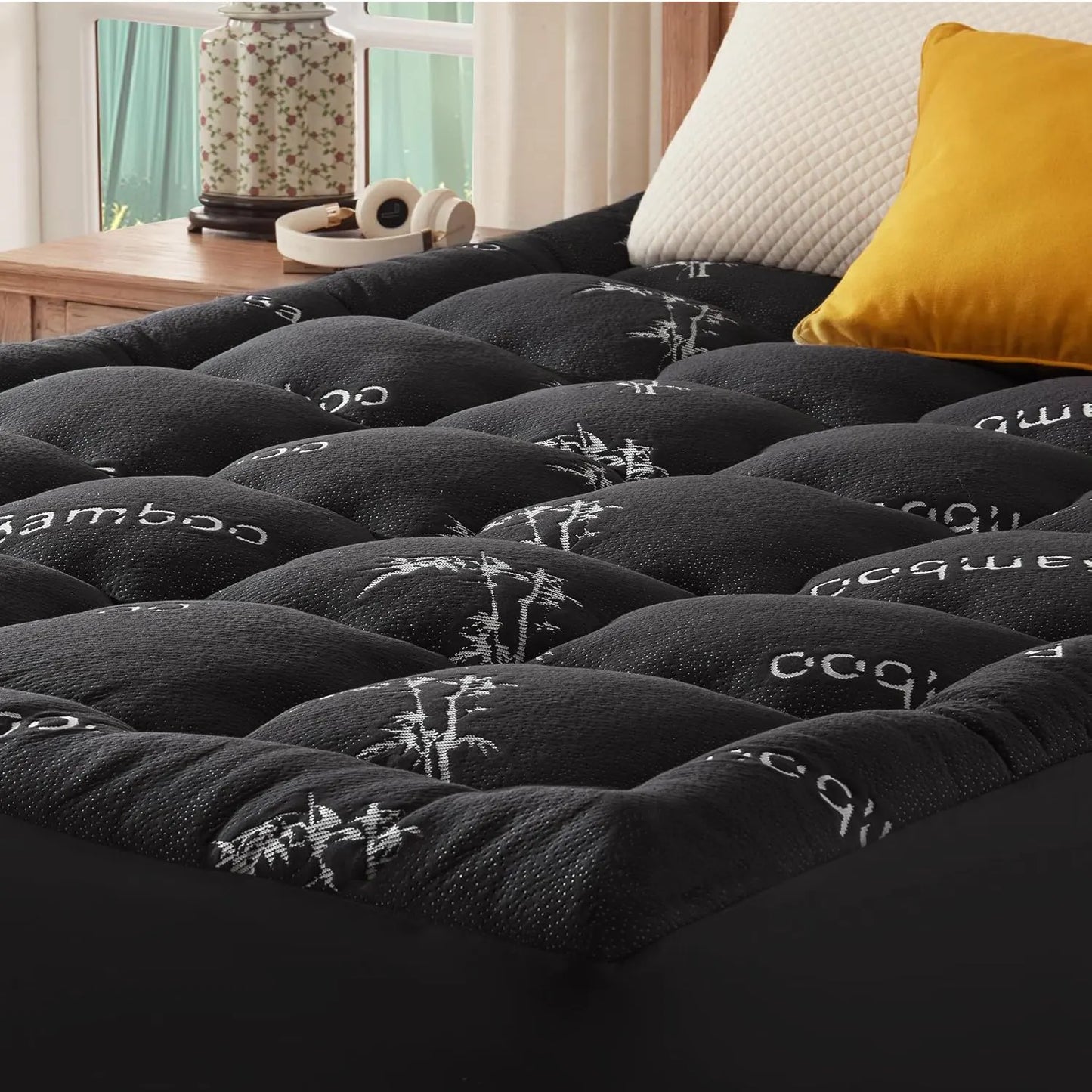 800GSM Mattress Topper Viscose Derived from Bamboo, Thick Pillowtop Fitted Mattress Cover with 45cm Deep Skirt - Machine Washable Hypoallergenic(Queen,,Black) - Image 8