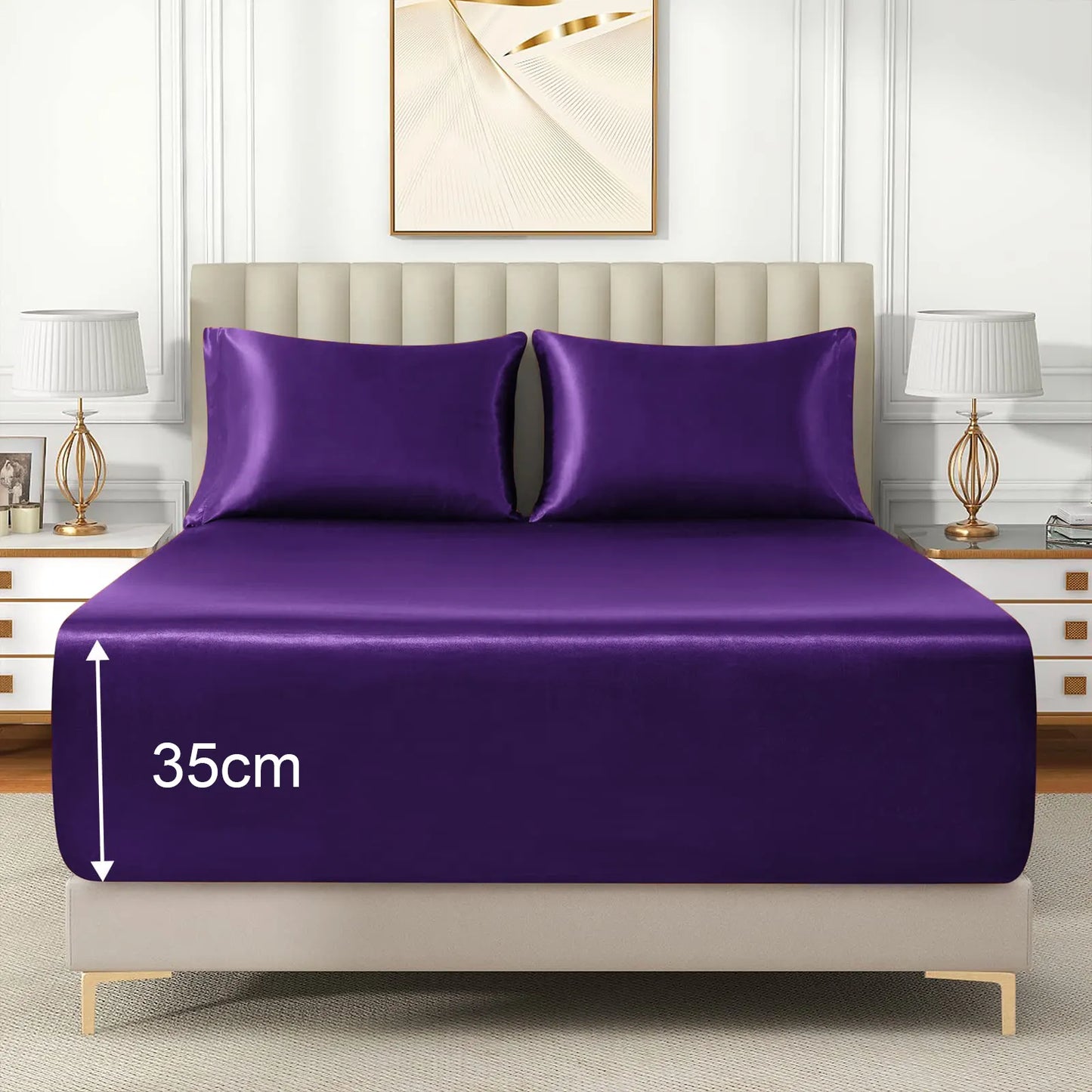 Satin Fitted Sheet Set Hotel 3 Pieces Fitted Sheet with Pillowcase, Art Silk Bedding Set-Luxury Soft Silky Sheets for Hair and Skin, Similar to Silk Fitted Sheets Set 3 Pieces(Double,Purple) - Image 5