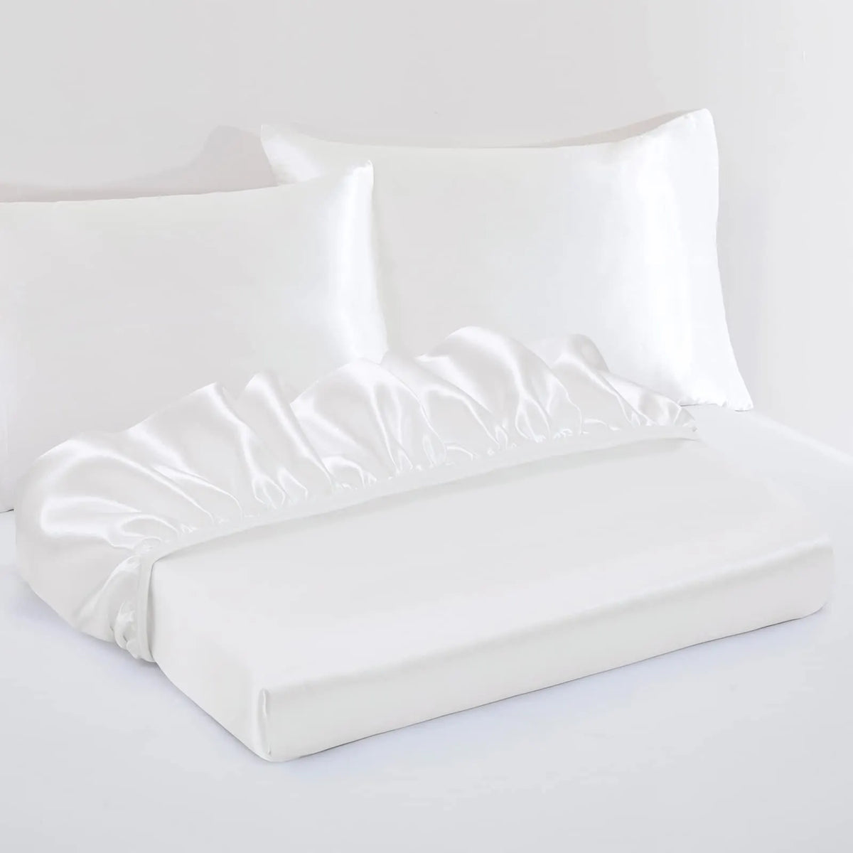 Satin Fitted Sheet Set Hotel 3 Pieces Fitted Sheet with Pillowcase, Art Silk Bedding Set-Luxury Soft Silky Sheets for Hair and Skin, Similar to Silk Fitted Sheets Set 3 Pieces(Queen,White) - Image 2