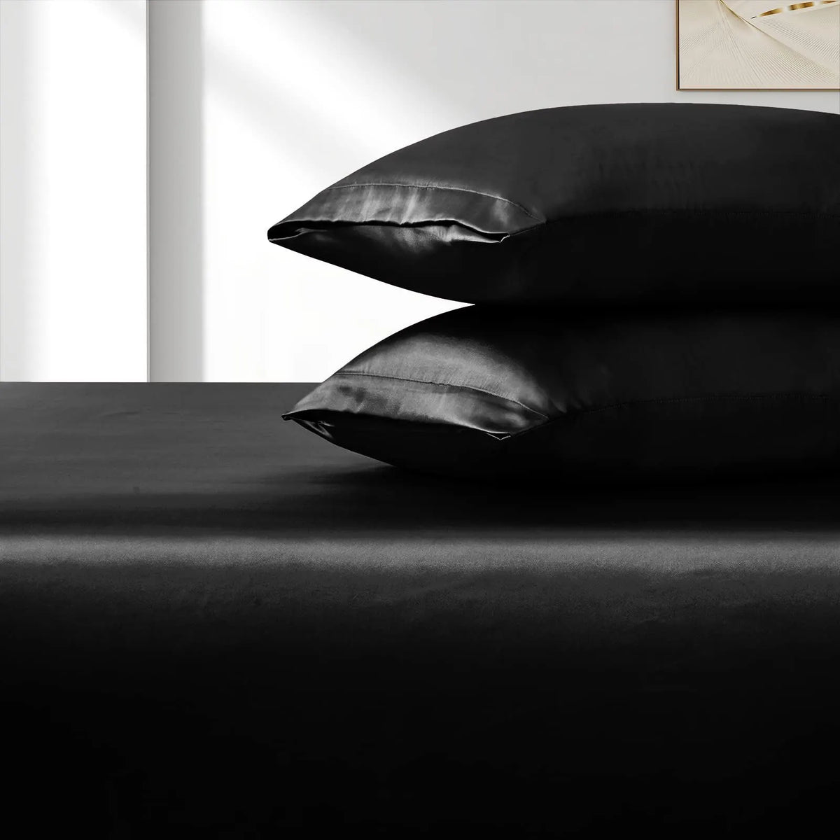 Satin Fitted Sheet Set Hotel 3 Pieces Fitted Sheet with Pillowcase, Art Silk Bedding Set-Luxury Soft Silky Sheets for Hair and Skin, Similar to Silk Fitted Sheets Set 3 Pieces(Queen,Black) - Image 4
