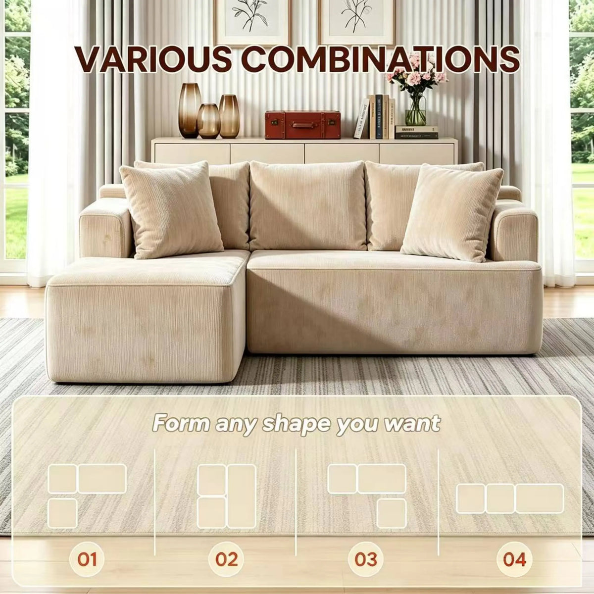 Couch Modular Sectional 3 Seater Sofa L-Shaped Khaki,81" Boneless Sofa Bed, Deep Seat and Side Pockets,Breathable Cheneille, High Density Pure Sponge,No Assembly Needed - Image 9