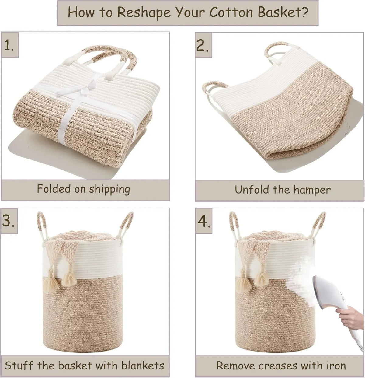 60L Cotton Rope Laundry Hamper Tall Woven Laundry Basket with Handles, Collapsible Clothes Hamper for Blankets Towels Laundry Storage Nursery Bedroom Bathroom Living Room - Image 7