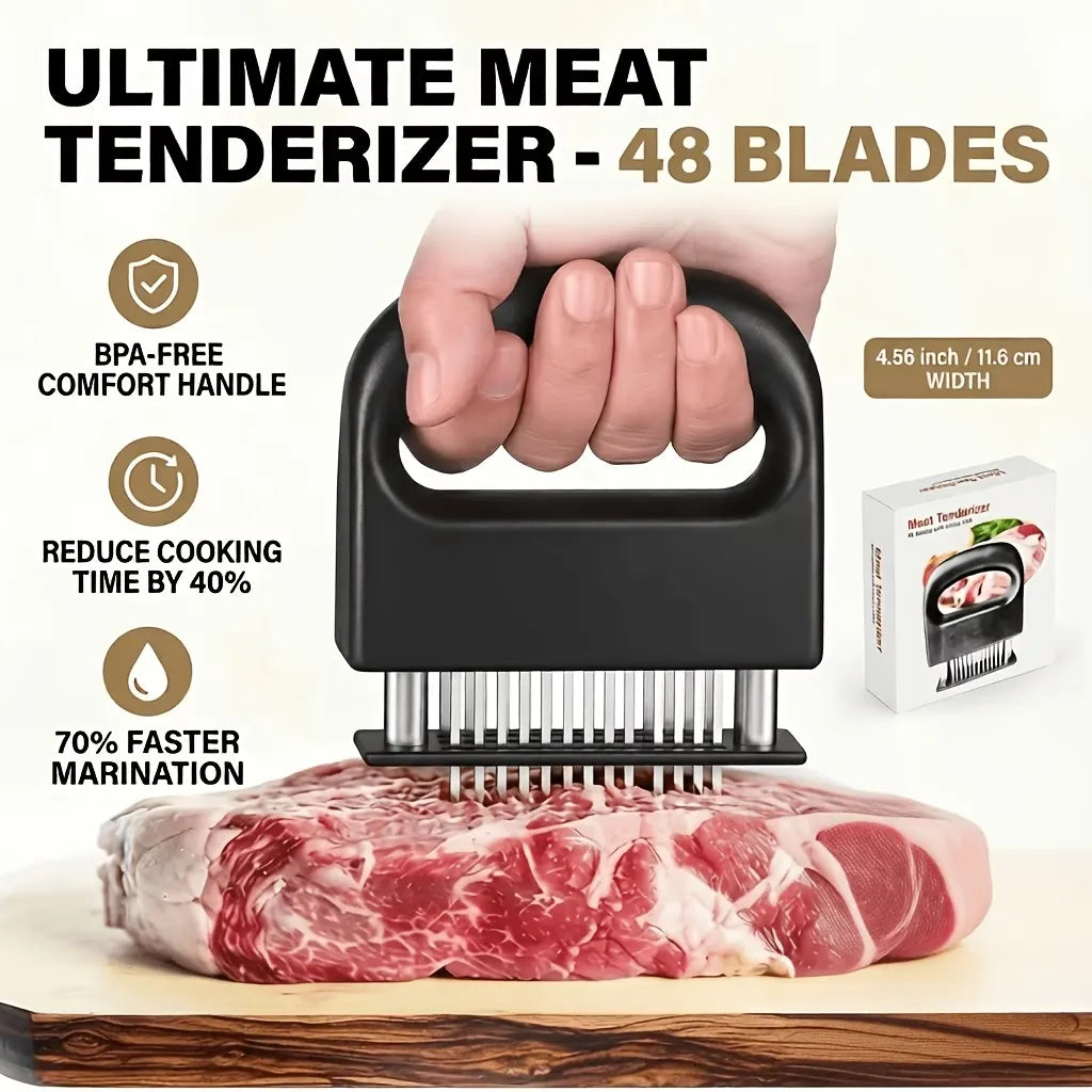 Heavy-duty meat tenderizer with 48 stainless steel needles and a locking mechanism – suitable for tenderizing steaks, beef, pork, turkey, fish, and poultry. Can be used with marinades. The black ABS handle is designed for professional kitchens. - Image 5