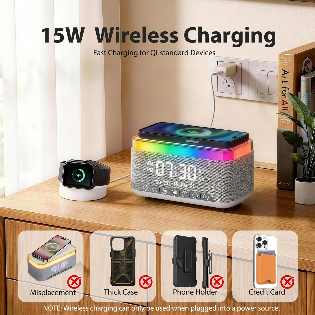 15W Fast Wireless Charging Alarm Clock with Bluetooth Speaker, White Noise Mochine & RGB Night Light, 6-in-1 Digital Bedside Alarm Clock Radio for Bedroom, Grey - Image 9