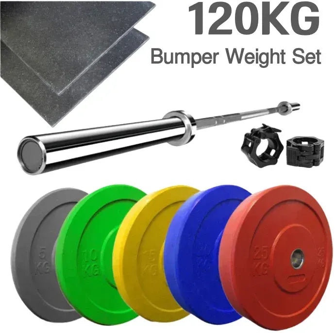 120kg Color Olympic Bumper Plate & Barbell Set with Flooring Mats