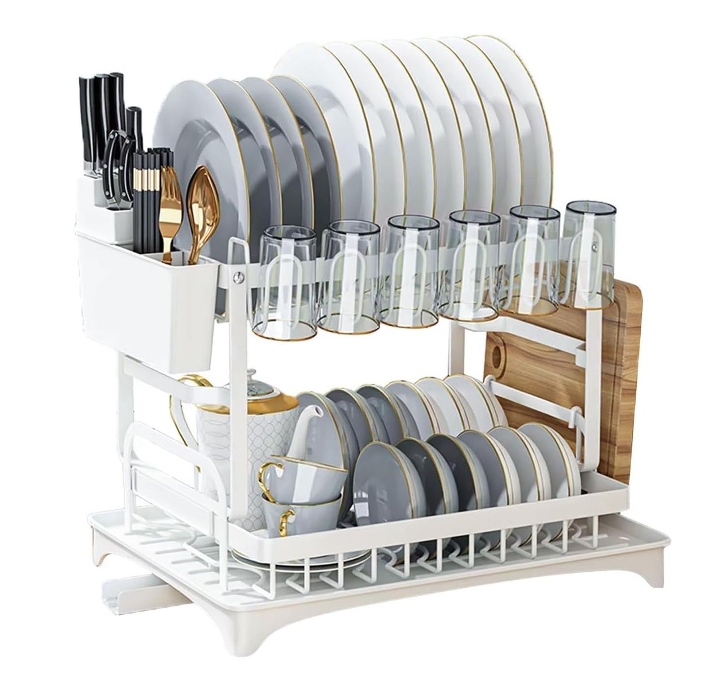 CARLA HOME 2-Tier Dish Drying Rack with Drainage Tray, Utensil Holder, Cup Hooks & Cutting Board Slot for Countertop Kitchen Storage (White) - Image 9