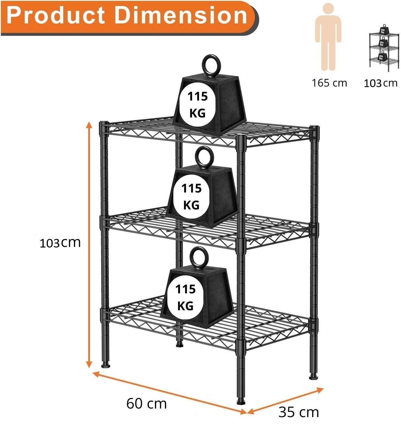 CARLA HOME 3-Tier Adjustable Metal Storage Shelves Wire Rack Organizer for Kitchen, Pantry, Bathroom or Laundry Room (60cm W x 35cm D x 103cm H) - Image 8