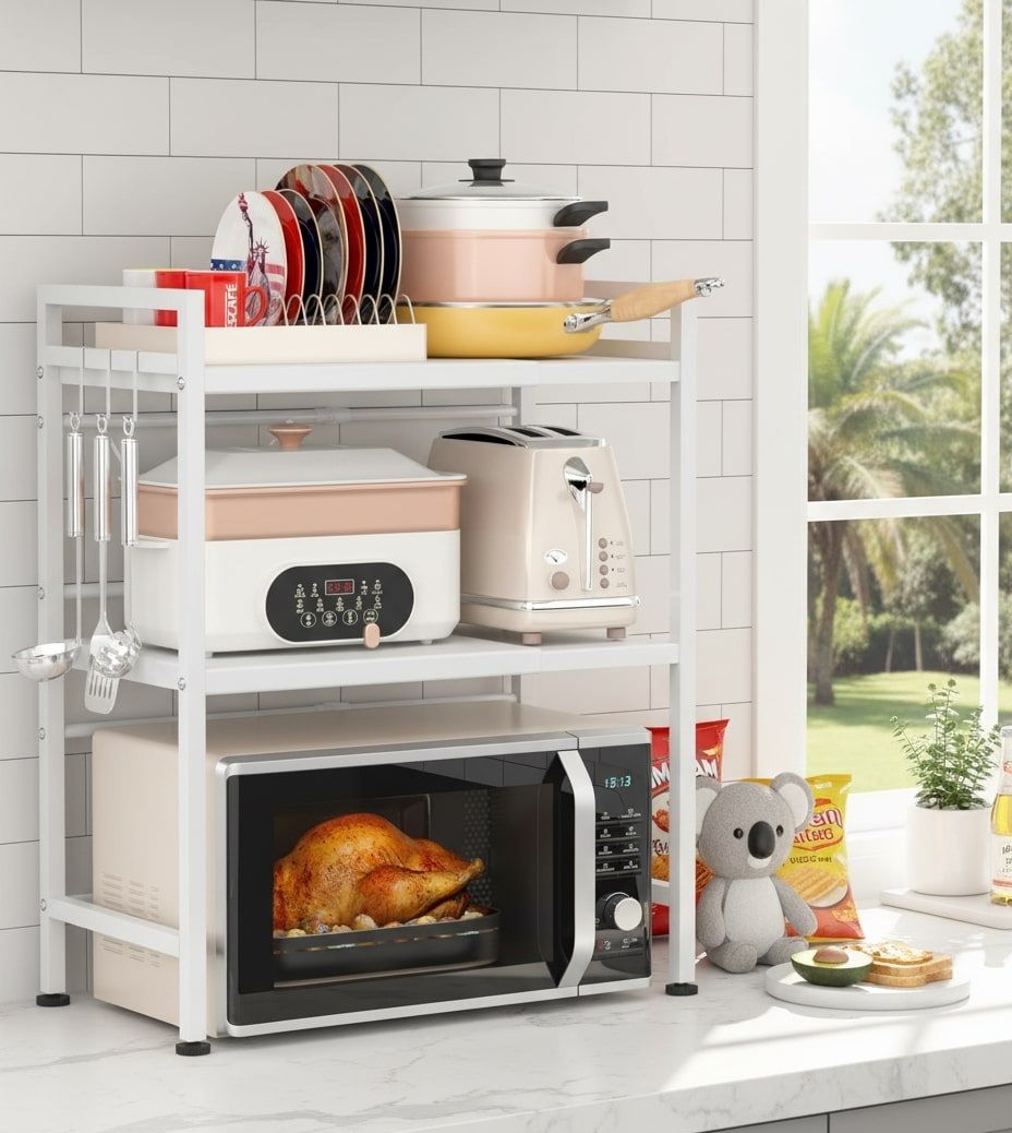 CARLA HOME 3-Tier Microwave Oven Rack with Adjustable Metal Kitchen Shelf Stand for Countertop Storage and 6 Hooks for Utensils - Image 9