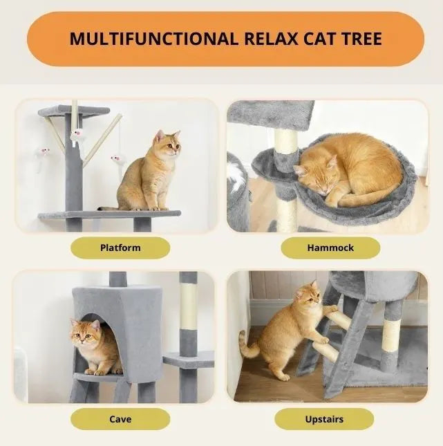CARLA HOME 134cm Cat Tree for Indoor Cats with Hammock, Plush Perch & Sisal Scratching Posts for Kittens & Adult Cats (Light Grey) - Image 7