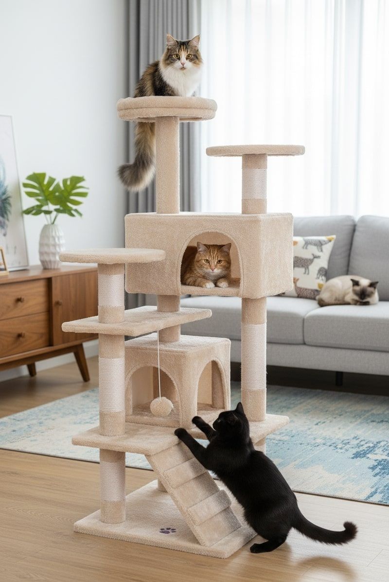 CARLA HOME 134cm Cat Tree Tower for Indoor Cats with Plush Perches, Dual Condos, Natural Sisal Scratching Posts & Ramp for Kittens & Adult Cats (Beige) - Image 9