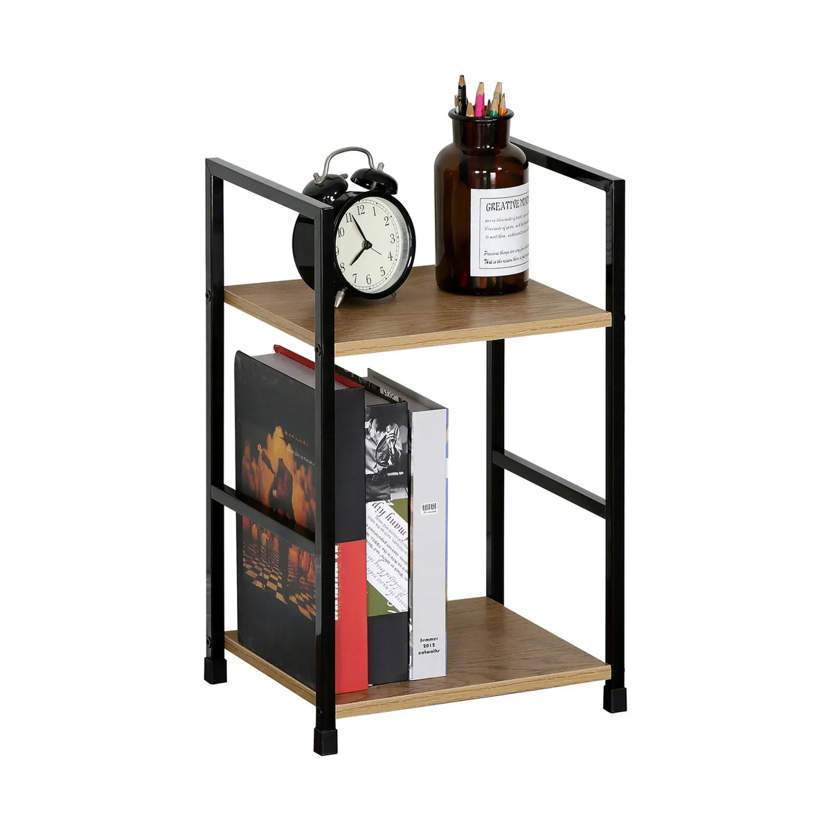 CARLA HOME 2 Tier Bookshelf - Wood Metal Display Shelf - Brown - Rustic - Steel - Living Room Office - Image 9