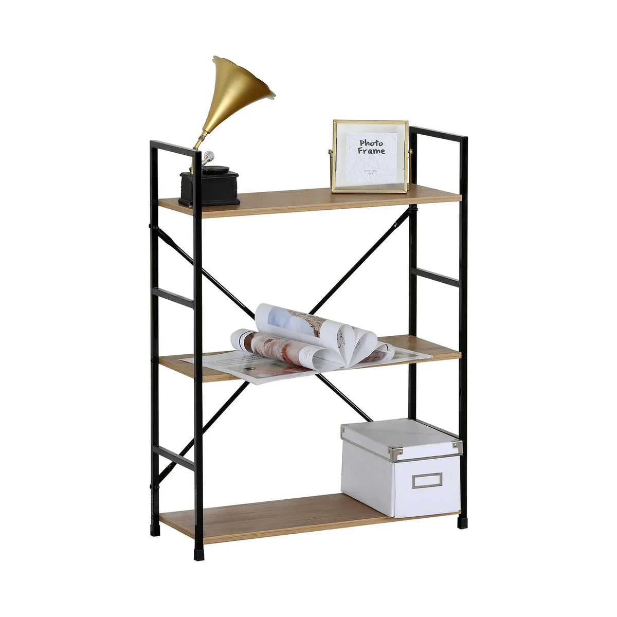 CARLA HOME 3 Tier Bookshelf - Industrial Display Shelf - Brown - Rustic - Steel - Living Room Office - Image 9