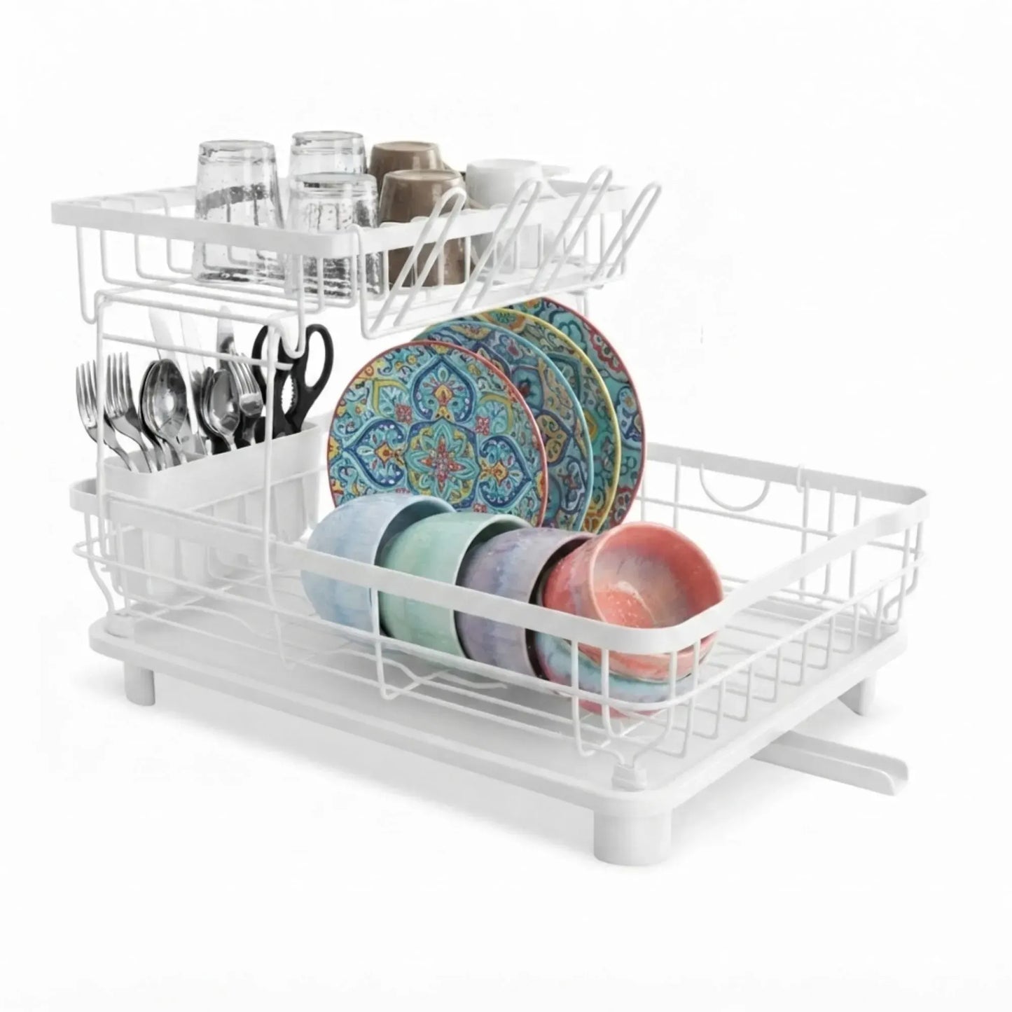 CARLA HOME 2 tier Dish Drying Rack with Drainboard & Utensil Holder for Kitchen (White) - Image 9