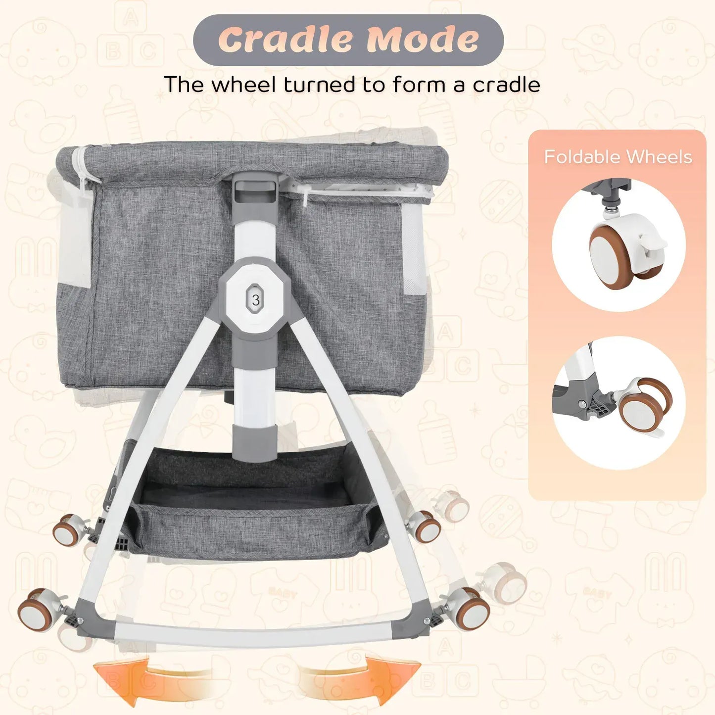 3-in-1 Adjustable Height Baby Bassinet Crib with Mosquito Net and Storage Basket in Grey - Image 9