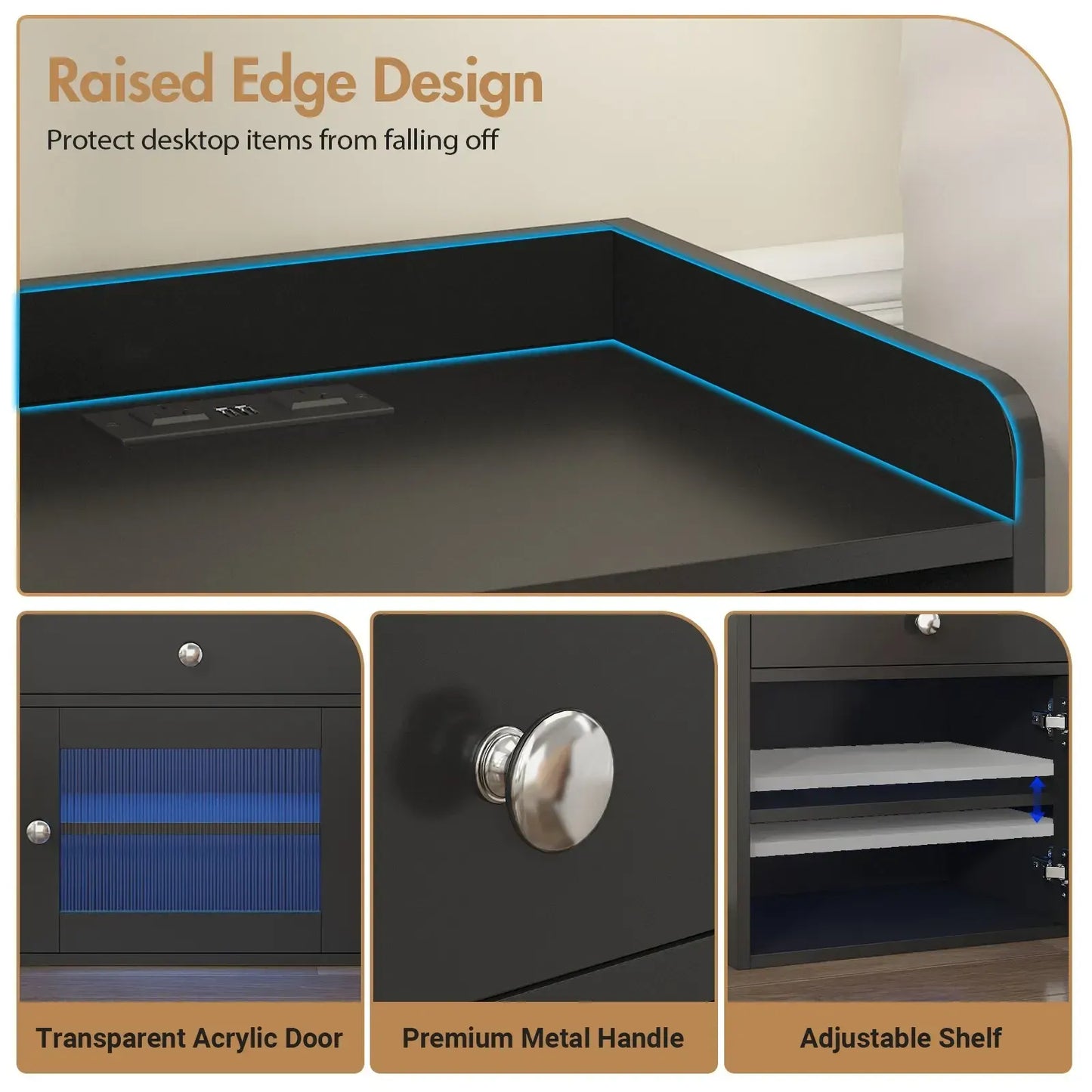 Black Bedside Table with Acrylic Door, Charging Station and RGB LED Light - Image 8