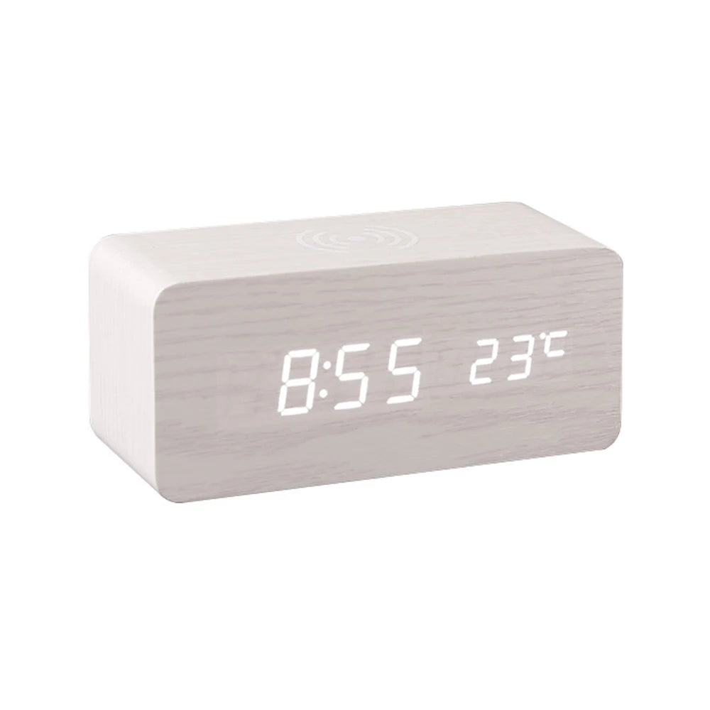LED Wooden Desk Clock with Qi Charger
