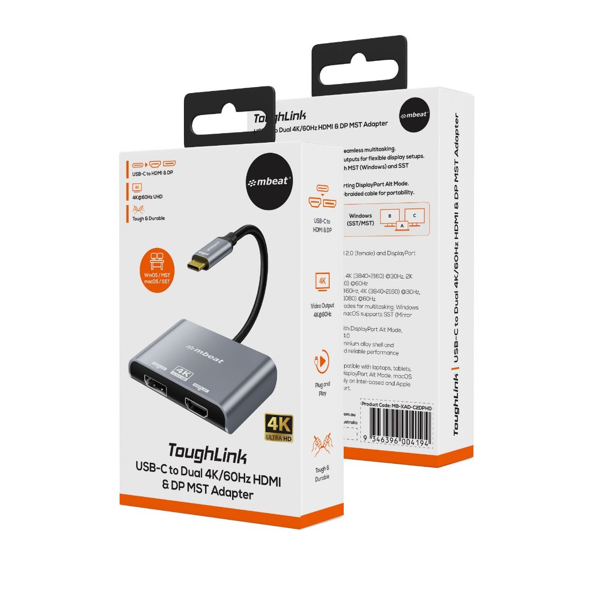 mbeat Tough Link USB-C to DP&HDMI Dual 4K/60Hz MST Adapter - Space Grey - Image 7