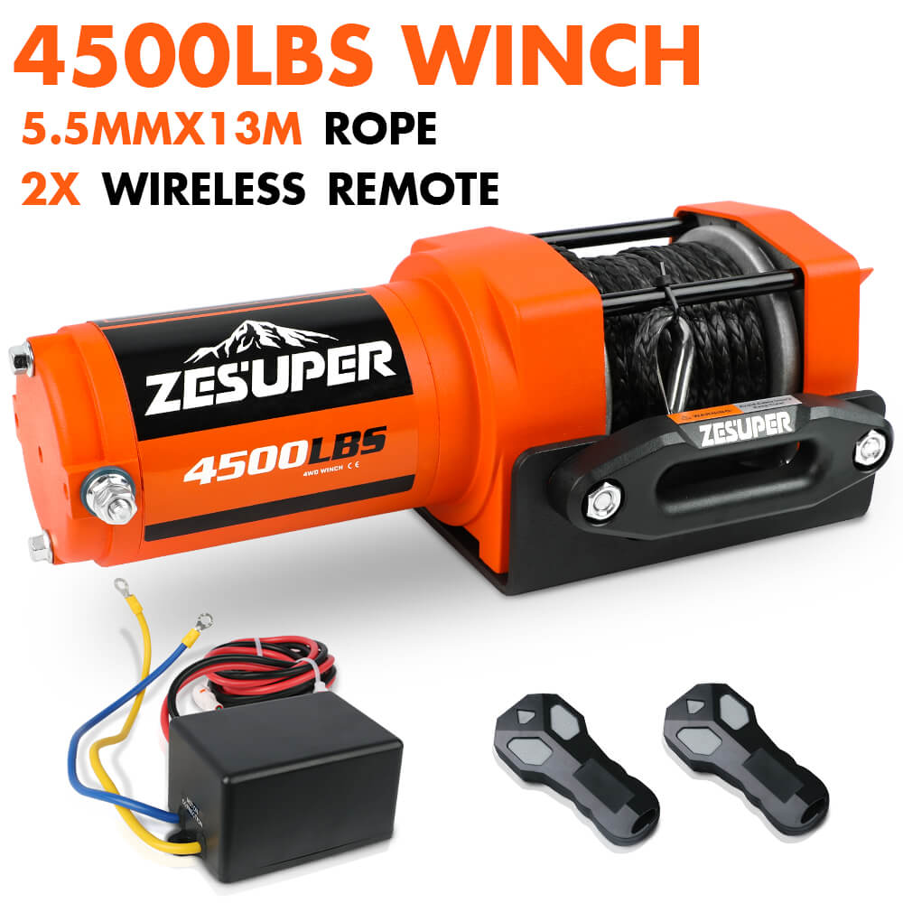 4500lb Electric Winch 12V Synthetic Rope Wireless RemoteX2 ATV Winch Kit Boat Winch UTV 4WD Orange - Image 7