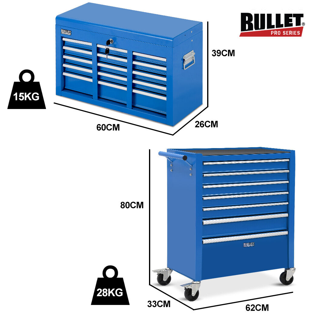 BULLET 16 Drawer Tool Box Cabinet Chest Storage, Toolbox Garage Organiser Set, Blue - Image 7